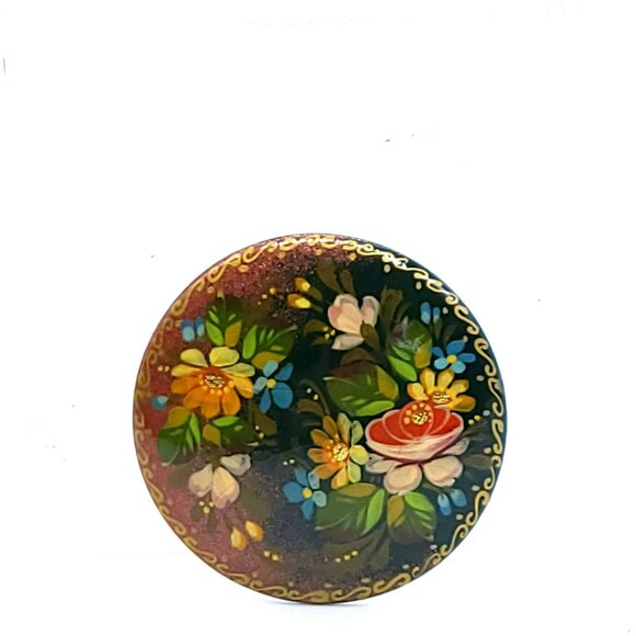 Vintage Hand-Painted Russian Pin Black Lacquer Floral Brooch Gold Accents 2" - Picture 10 of 10